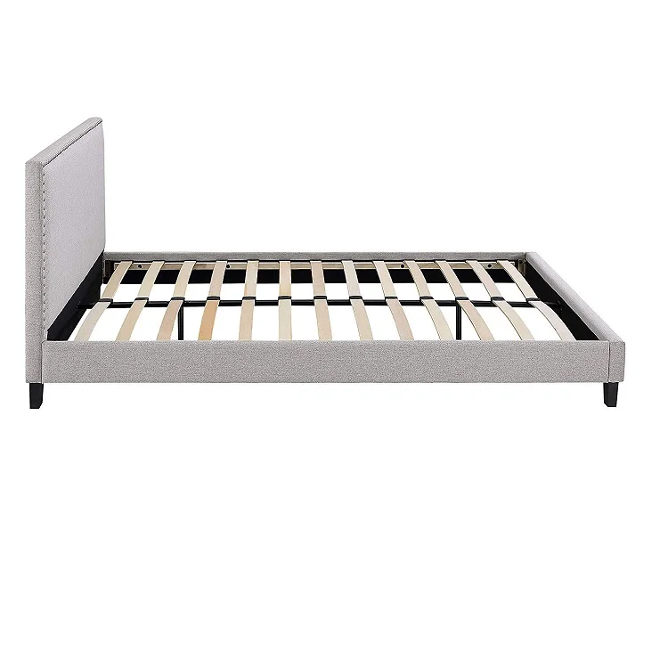 Light Grey Queen Upholstered Bed with Panel Bedframe with Studs for bed frame mattress