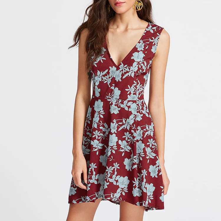 
New Fashion Cutting Women Dresses OEM Skater Burgundy Sleeveless Floral Print V Neck Short Chiffon Dress 
