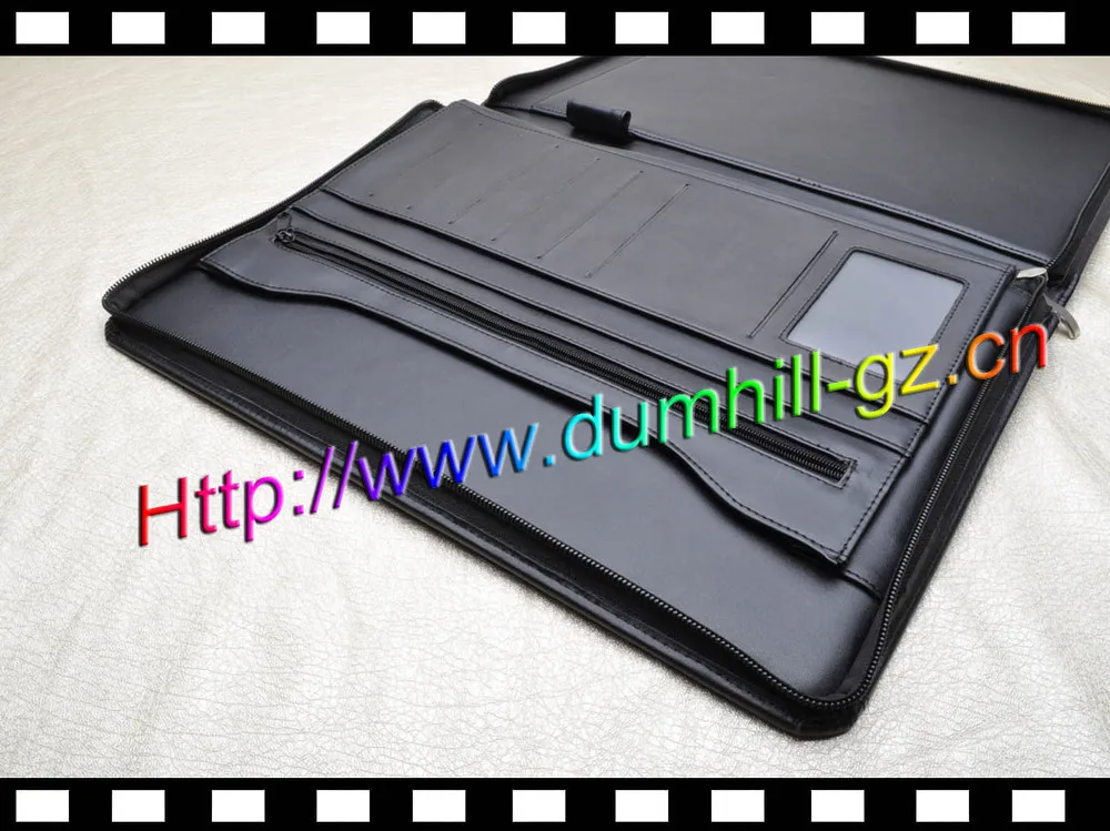 Luxury customized A4 leather document holder zip around with paper pad inside silk printing logo