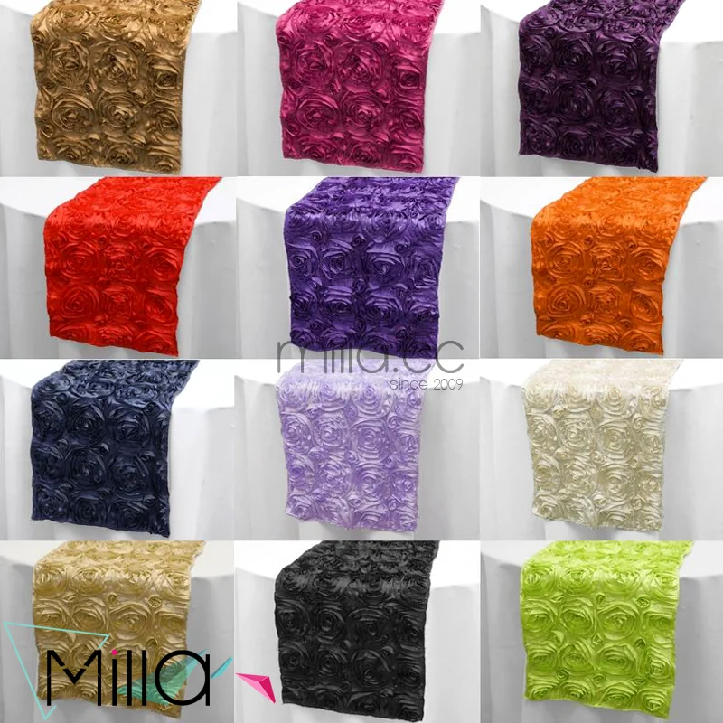 
Satin rosette table cloth table runner for wedding banquet 