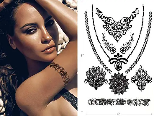 Popular Fashion Flash Tattoo Women Black Henna Jewel Lace Sexy Neck Collar Arm Body Flower Decoration Sticker