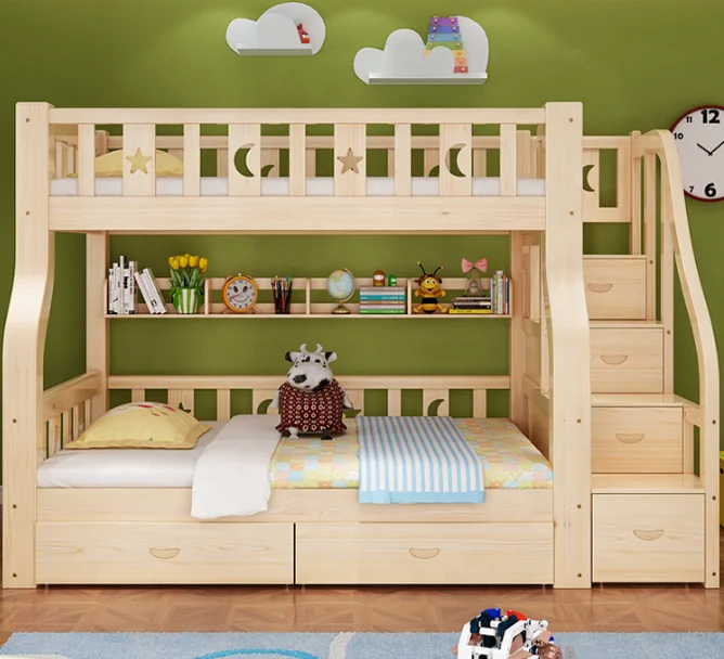 Factory Sales Bedroom furniture kindergarten solid wood with slide loft kids bunk bed