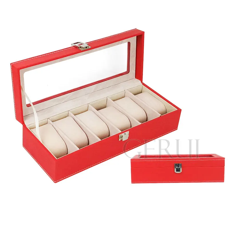Luxury Flip Top Mens Wooden Watch Storage Box Rectangular Packaging 6 Slot Watch Display Case