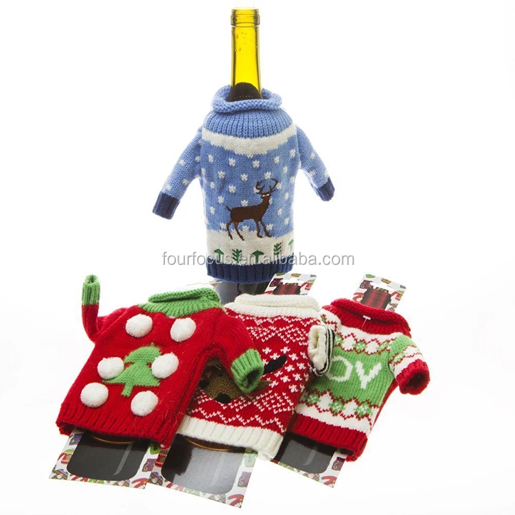Christmas Decoration Festival Promotional Bottle Covers Knit Ugly Sweater Wine Beer Bottle Covers