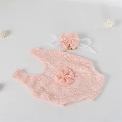 PWPROPS White Newborn Lace Outfit Photo Prop soft Baby Girl Romper Headband Set
