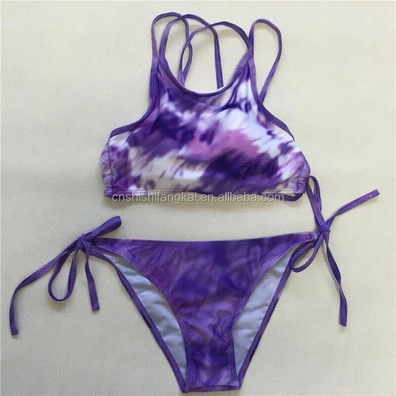 
2015 2016 New Women Print Bikini Set Sexy Tie Dye Swimwear Crop Top High Neck Bikini With Padded Racerback String Caged Swimsuit 