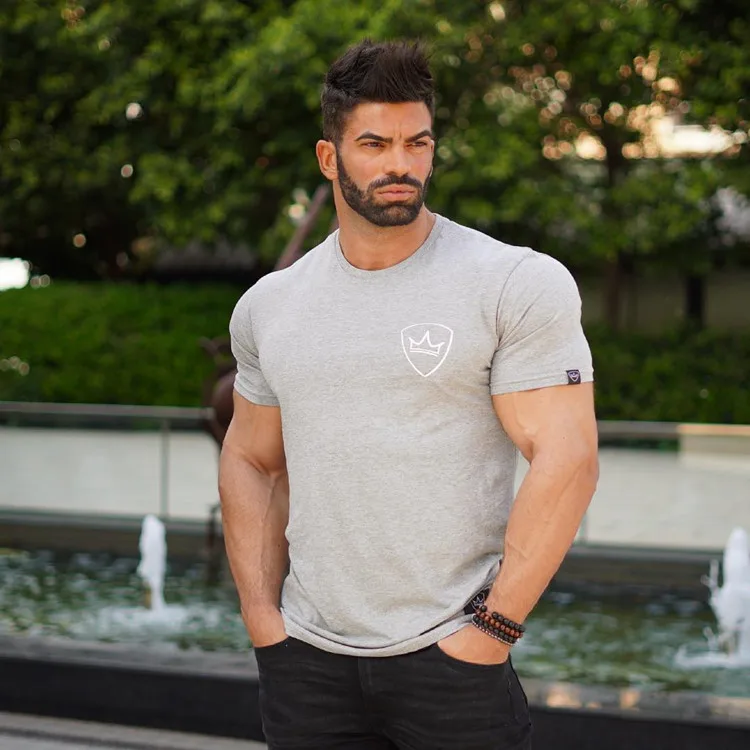Wholesale O-neck Gym Tshirt Men Cotton Short Sleeve Gym Fitness Clothing Training Jogging Wear