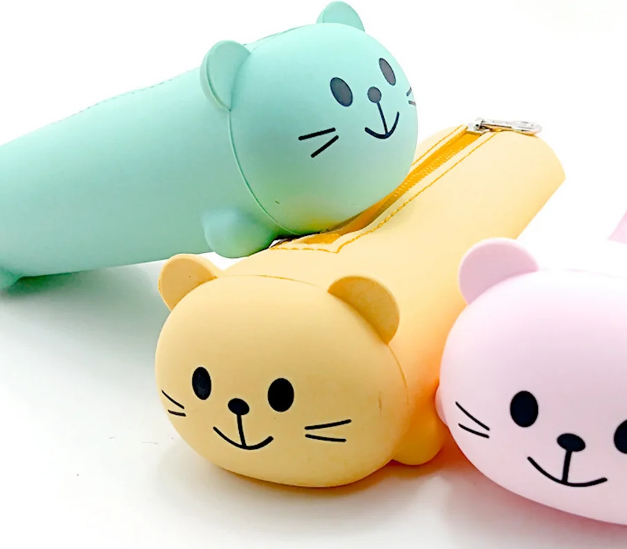 ins hot sale cute bear silicone pencil case zipper, school custom rubber kids pencil case animal