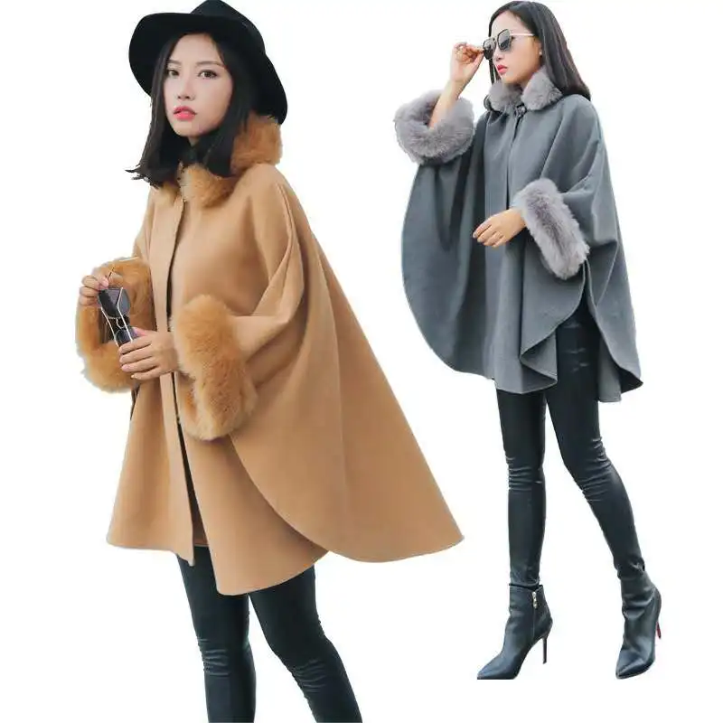 
Fashion Women Cashmere Cape Real Fox Fur Trim Cape Coat Poncho 