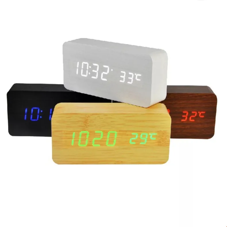 
Display Time Temperature LED Digital Desk Clock Voice Control Wooden Alarm Clock 