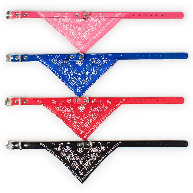 Fashion Printed Adjustable Cats Necktie Cord Pet Triangular Scarf Saliva Pu Leather Dog Bandana Collar