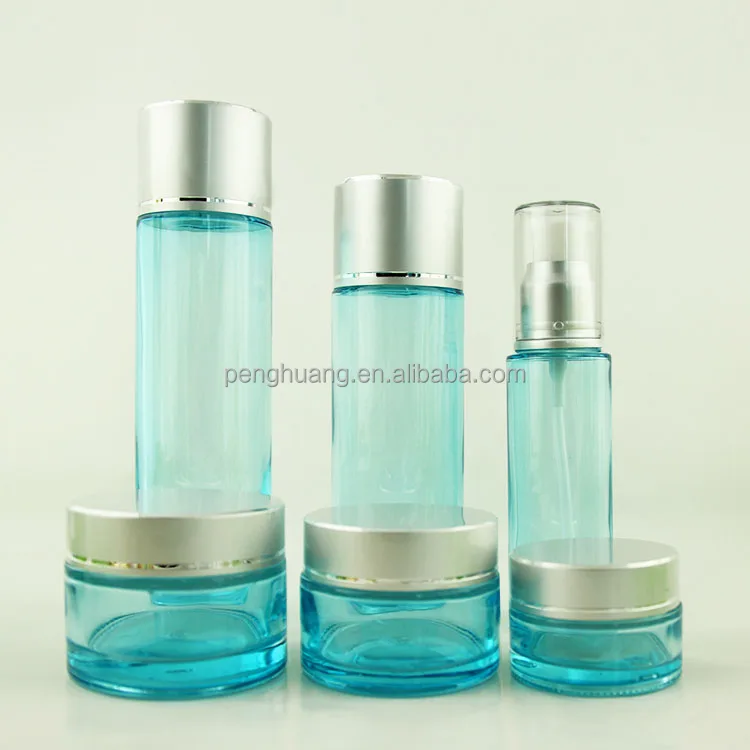 
wholesale translucent blue cosmetic packaging set empty glass cream jar bottle cosmetics cream glass bottles and jars skin care 