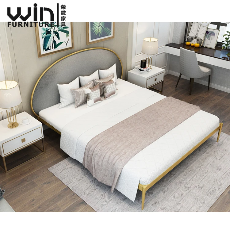 
Luxury metal frame fabric upholstered gold bed design 