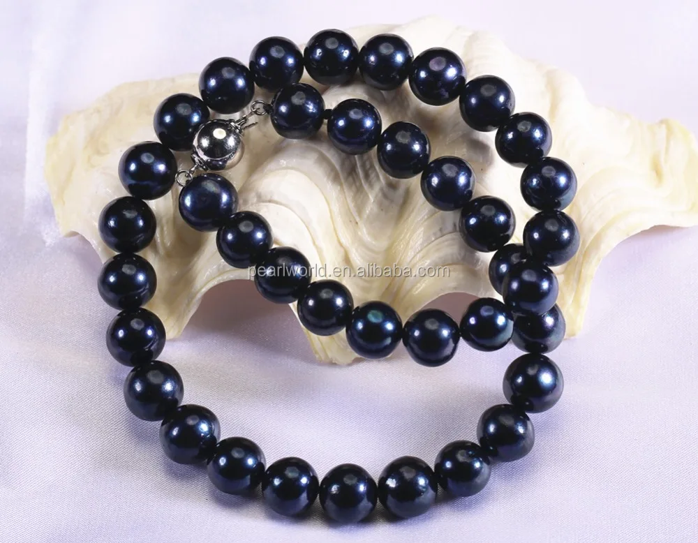 11-12mm new design 925 silver round black color real natural cultured pearl necklace