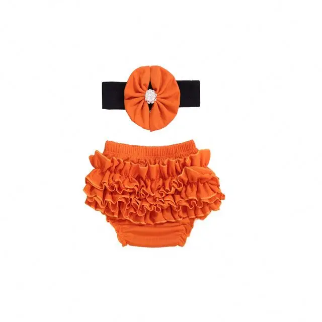 
Infant baby fall clothes solid color bloomer shorts ruffle girls bloomer with headband set 
