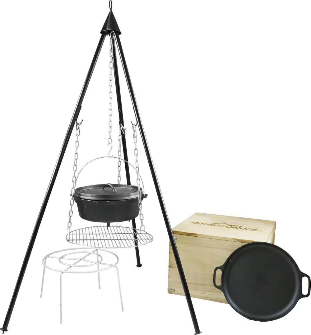 cast iron cookware set with campfire tripod set