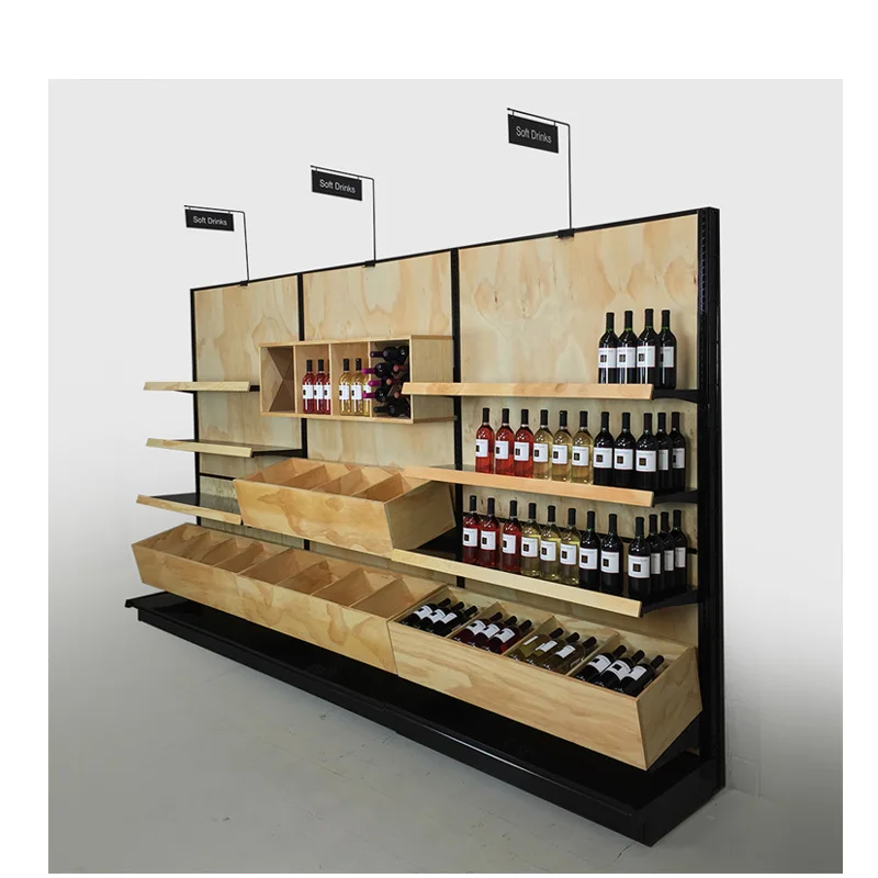 Customized Metal Wooden Kisok Supermarket Rack Shelves Store Display Cases For Sale