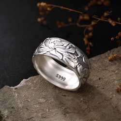999 Sterling Silver Fine Jewelry Open Ring Buddhist Lotus Flower Men Thai Silver Fine Jewelry Gift Woman Men rings