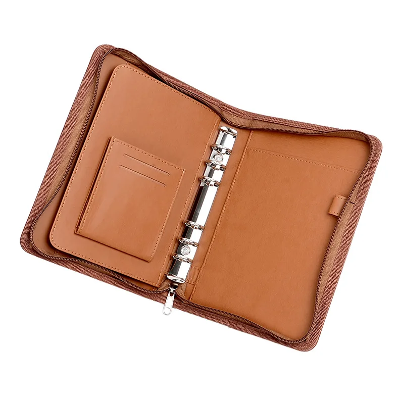 Zippered Leather Professional Business Men Portfolio 6 Ring Binder organizer
