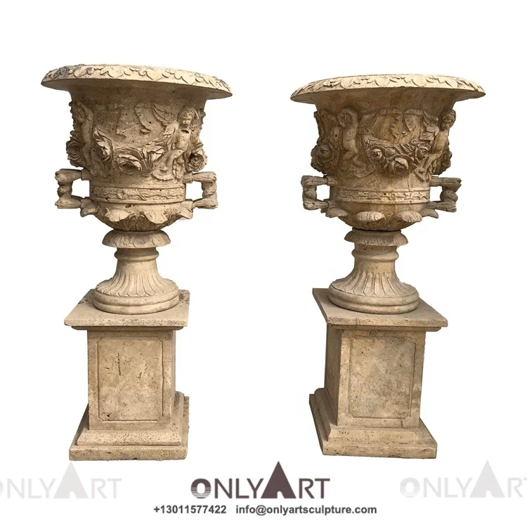 Modern Ornamental Decorative Old Effect Granite Marble Stone Boy Angel Flower Pot Vases For Garden