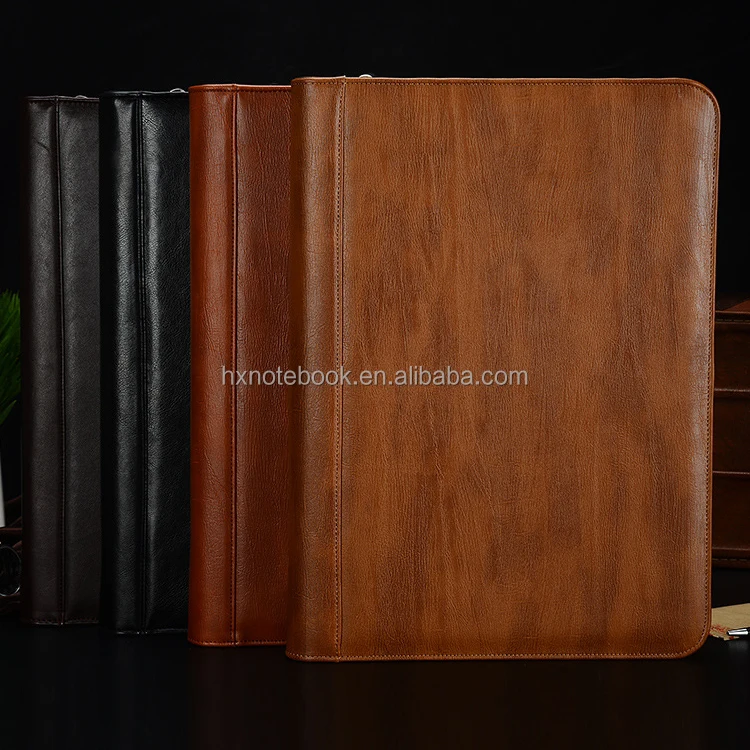 
New Style Multi A4 Zipper Portfolio Organizer pu leather Compendium With 4 Ring Binder file folder with LOGO embossed 