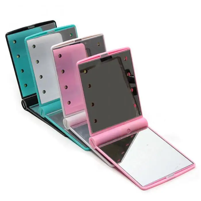 Women Foldable Makeup Mirrors Lady Cosmetic Hand Folding Portable Compact Pocket Mirror 8 LED Lights Lamps