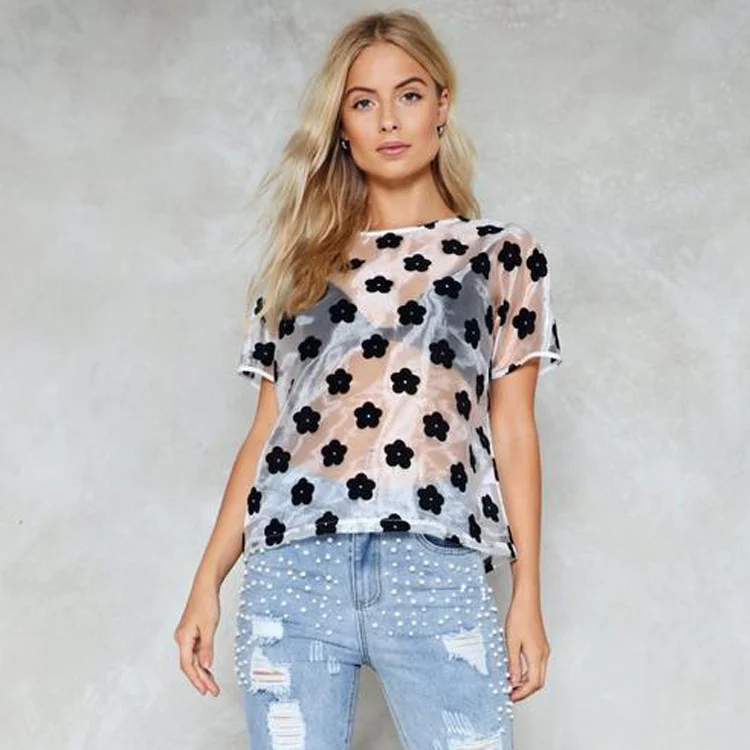 
Sexy Women T Shirt See Through Transparent Tops Short Sleeve Sheer Slim Ladies O-Neck Girl crush Print Hollow Out T-Shirt 