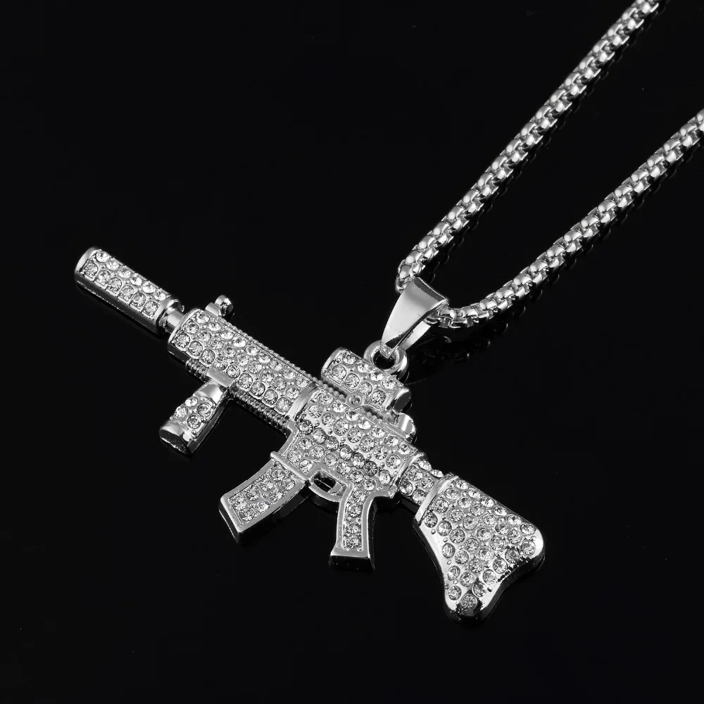 Personalized Rappers Jewelry Bling Hip Hop Iced Out AAA CZ AK47 Carbine Pendant Necklace