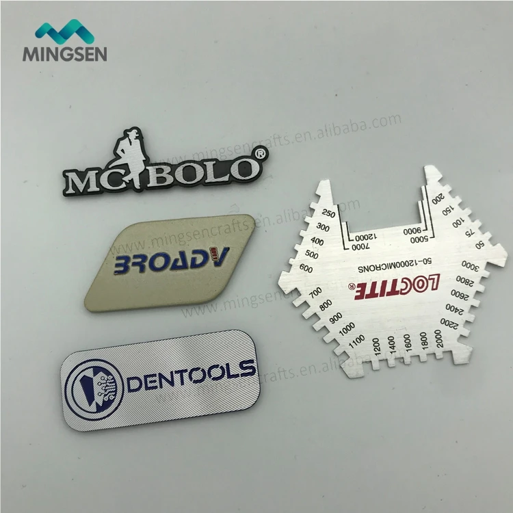 custom brand logo stamping raised adhesive aluminum sticker