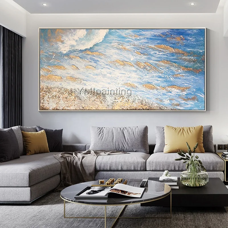 Gold art Abstract Acrylic painting on canvas Original art blue painting texture large wall Picture home Decor caudro abstracto