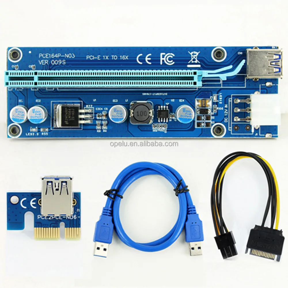 
009S Risers PCIe PCI-E PCI Express Riser Card x1 x16 USB 3.0 Data Cable 6 Pin SATA Power Supply for BTC Miner with 2 LEDs 