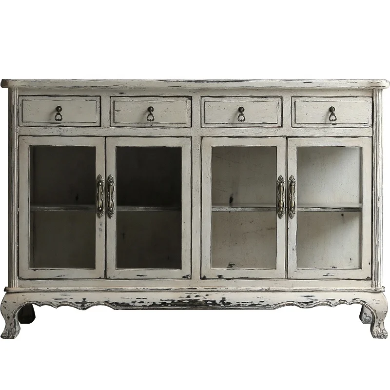 Antique finish China supplier distressed finish pastoral style solid wood buffet glossy paint buffet sideboard with drawers