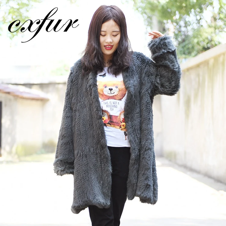 CX-G-A-139B Women European Style Long Hand Knitted Rabbit Fur Coat