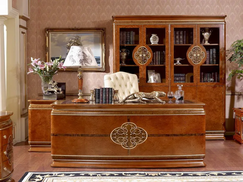 Bisini Home Antique Executive Office Desk Classic Solid Wood Reading Table With Swivel Chair & Bookcase BF05-E2929