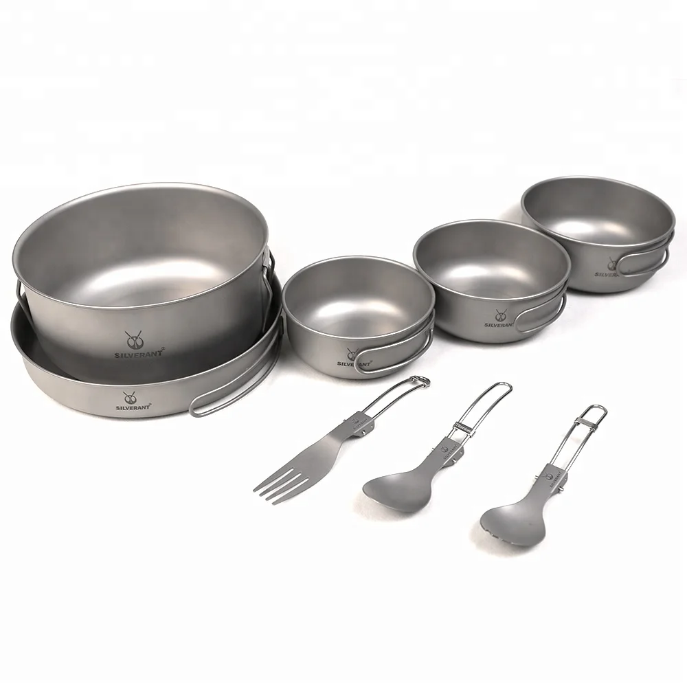 Ultralight Eight-piece Outdoor Camping Titanium Food Set Camping Equipment Cookware Folding Handle Pan Bowl Knife Spork Tools