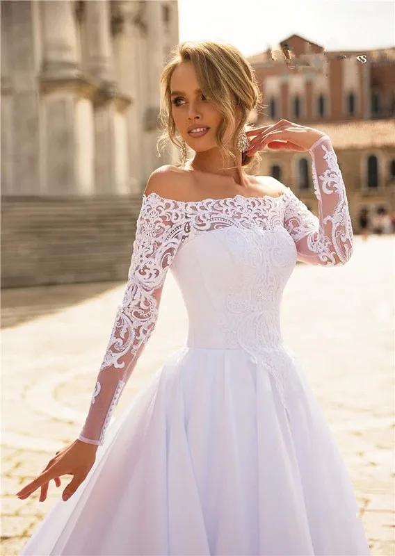 2021 свадебное платье с длинным рукавом и открытыми плечами, свадебное платье со шнуровкой и аппликацией, женское платье, свадебное платье, vestido de novio