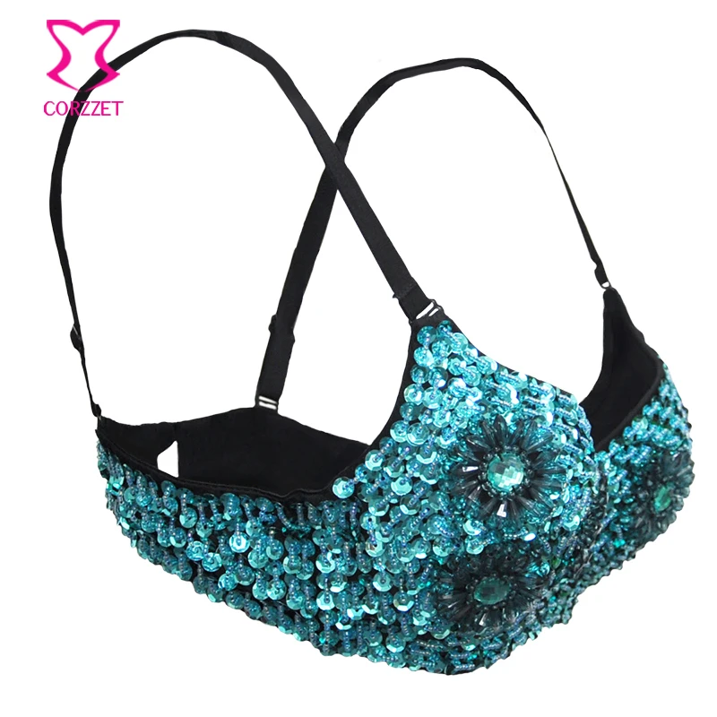Corzzet Gold Resin Sequined Punk Rock Bra Sexy Women Underwear Party Dance Bra