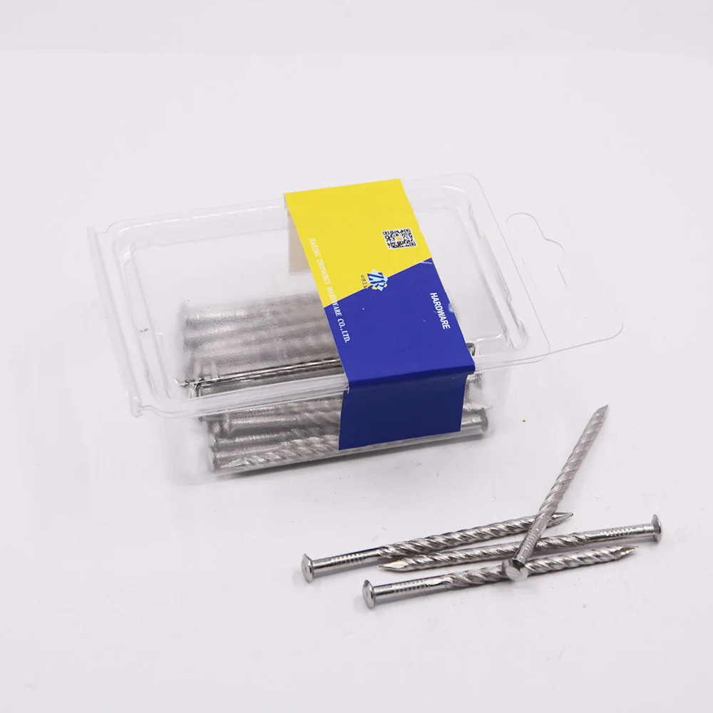 Plastic box packing for DIY shop flat head twist shank brushed stainless steel spiral spike nails