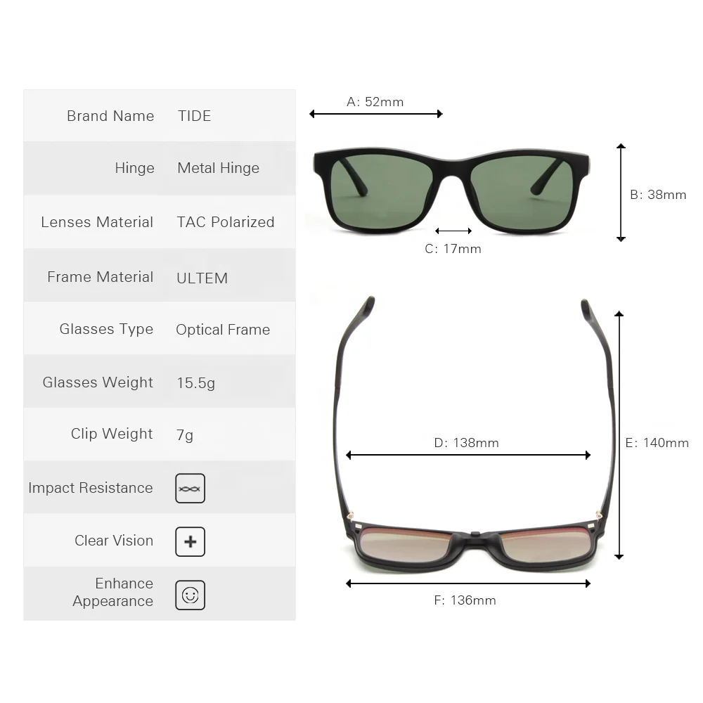 New French Design Sports Magnetic Optical Frame With Polarized Clip-on Sunglass