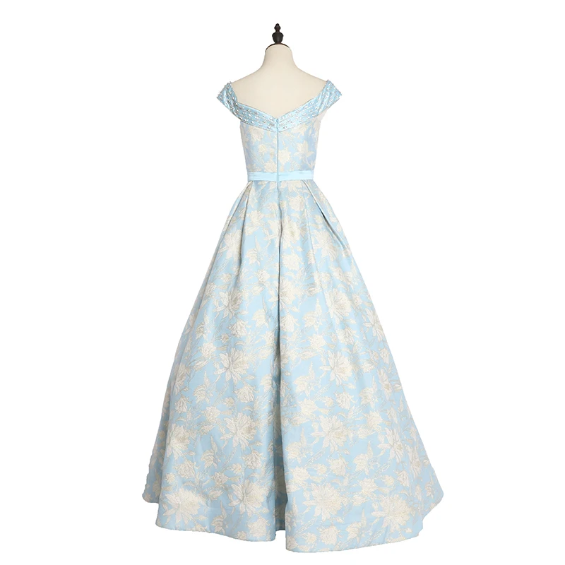 Beautiful cap sleeves long satin party clothes floral printed patterns evening dress