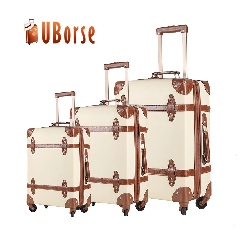 
Retro style travel luggage set pu leather pink decorative case vintage suitcase 