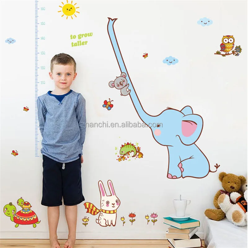 Cute Elephant Animals Stack Height Measure Wall Stickers Decal Kids Adhesive Vinyl Wallpaper Mural Baby Kids Room Nursery Decor