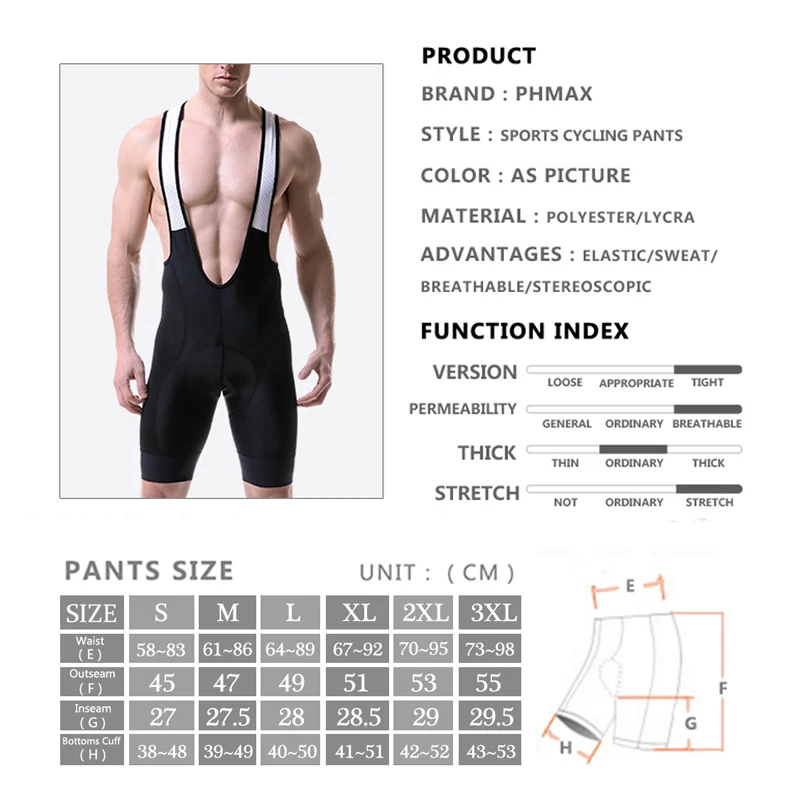 PHMAX Cycling Bib Shorts Pro Race Lightweight Bike Downhill Shorts MTB Bicycle Shorts Ropa Ciclismo 8cm Italy Grippers at Leg