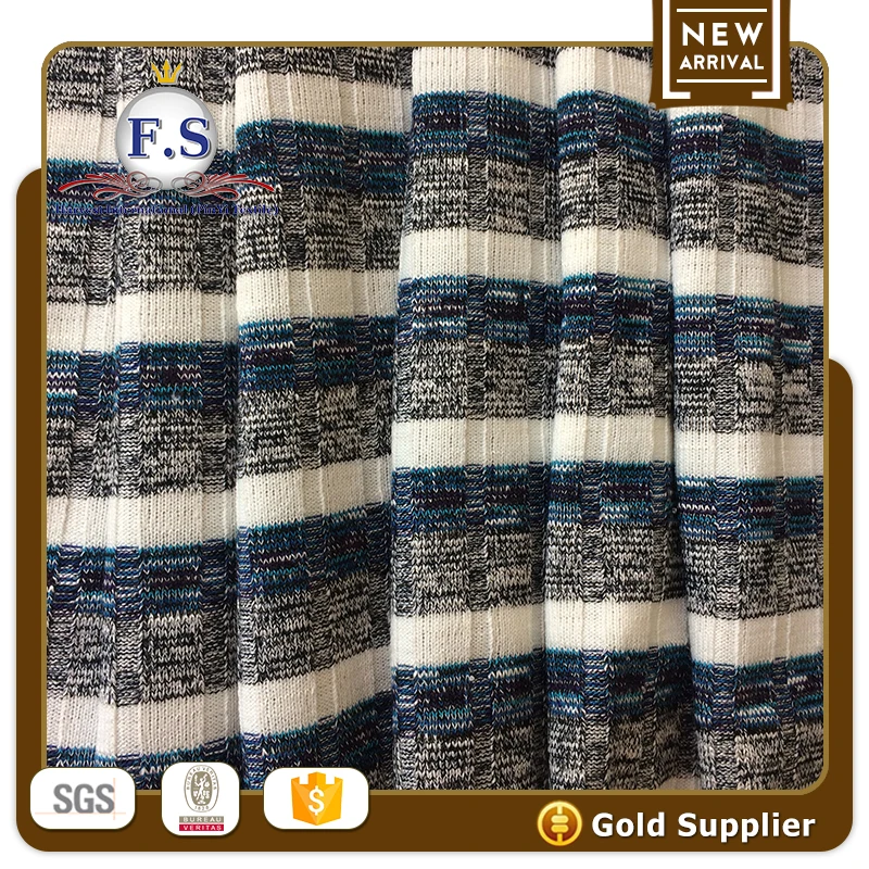 30.5/66.5/3 Rayon/Poly/Spandex blue melange white striped with slub ribbing fabric for sweater