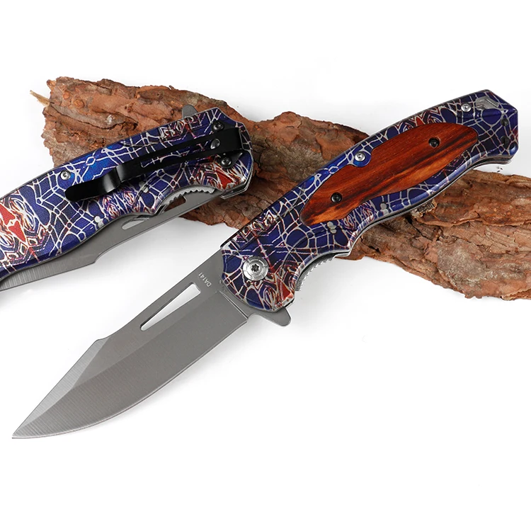 
440C stainless steel folding pocket knife camping knife with 3D printing pattern handle 