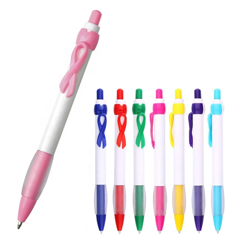 China Factory Hot Sale Plastic Pink Awareness Ribbon Grip Pens Breast Cancer Awareness Gift Favour Promotional Ballpoint Pen