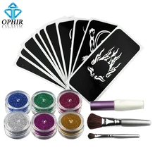 Kit OPHIR 6 Cores Em Pó Brilho Brilho Tatuagem Temporária para a Arte Corporal Pintura Projeto com Cola Stencil e Escovas _ TA054