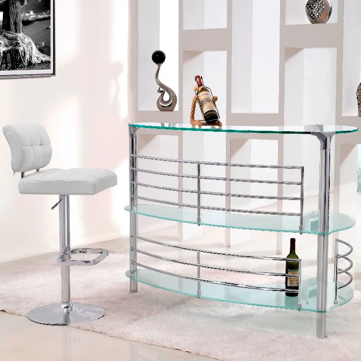 Современный длинный барный стол с полками из закаленного стекла