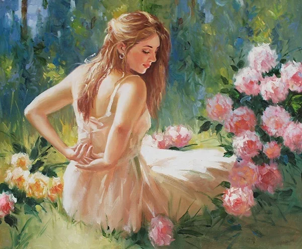 Wall art portrait of beautiful sexy girl with flower painting on canvas