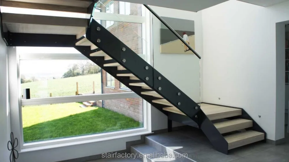 Australian fashion steel and wood staircase, glass fence,Thickened solid wood treads ,TS-171